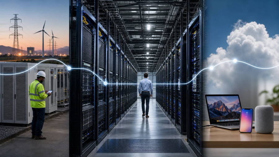 A vast modern data-centre corridor connected to cloud, AI chip and consumer application layers in a clear editorial scene