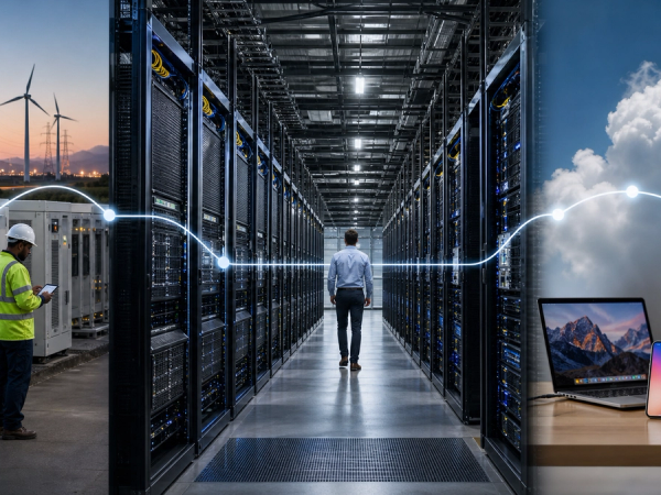 A vast modern data-centre corridor connected to cloud, AI chip and consumer application layers in a clear editorial scene