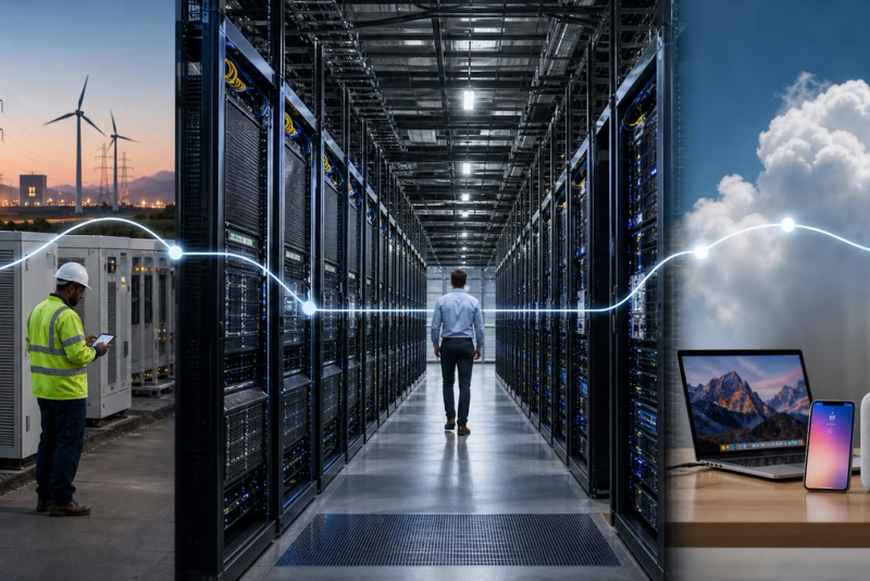 A vast modern data-centre corridor connected to cloud, AI chip and consumer application layers in a clear editorial scene