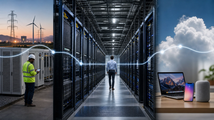 A vast modern data-centre corridor connected to cloud, AI chip and consumer application layers in a clear editorial scene