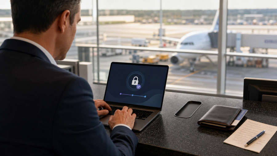 An executive at an airport service desk remotely locking a missing phone from a trusted laptop while following an incident checklist
