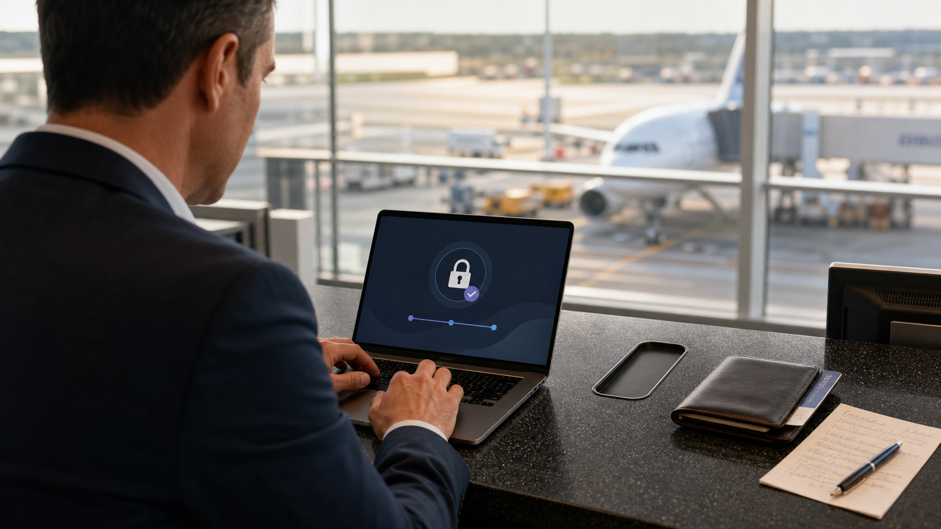 An executive at an airport service desk remotely locking a missing phone from a trusted laptop while following an incident checklist