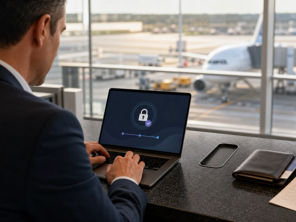 An executive at an airport service desk remotely locking a missing phone from a trusted laptop while following an incident checklist