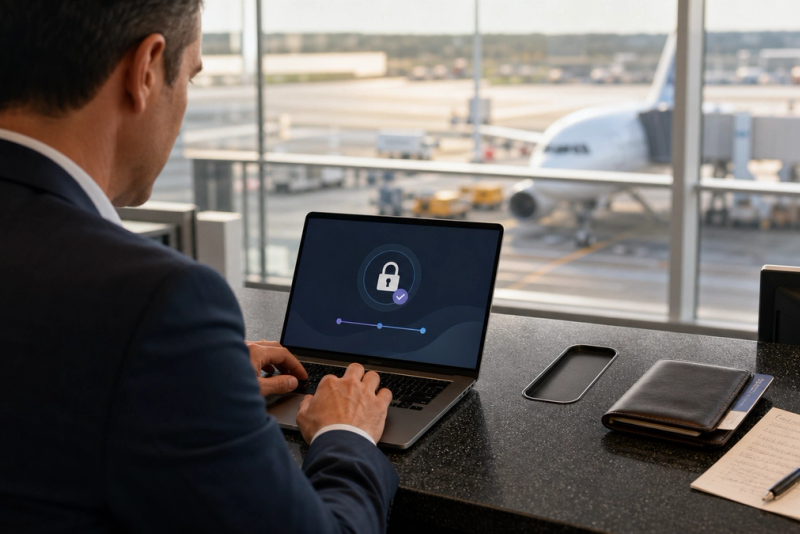 An executive at an airport service desk remotely locking a missing phone from a trusted laptop while following an incident checklist