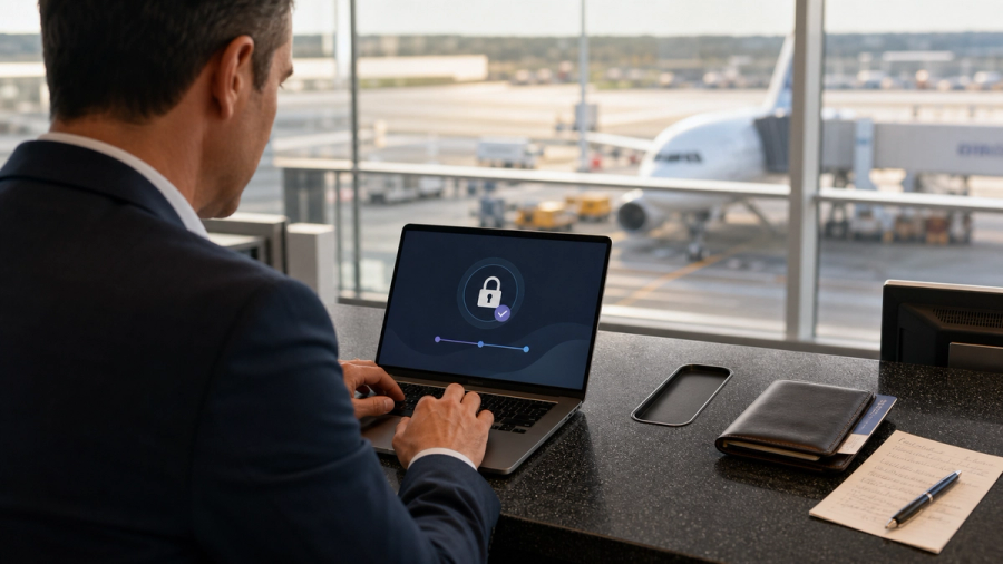 An executive at an airport service desk remotely locking a missing phone from a trusted laptop while following an incident checklist