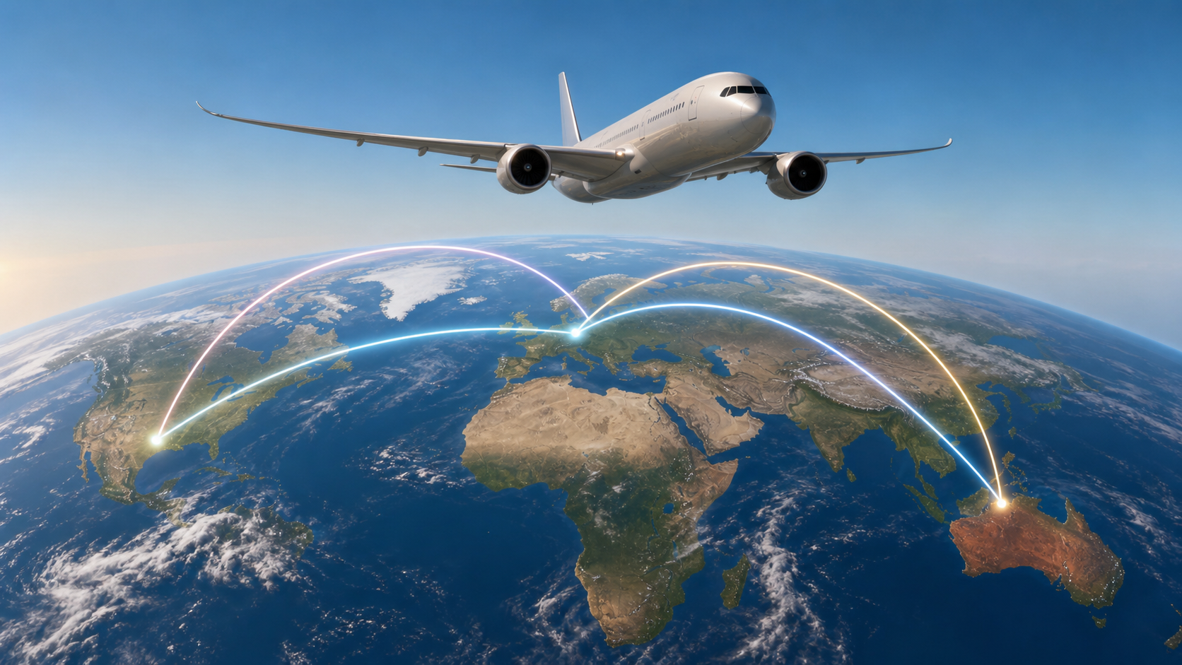 An unbranded long-range passenger aircraft above a globe crossed by three ultra-long flight-route arcs