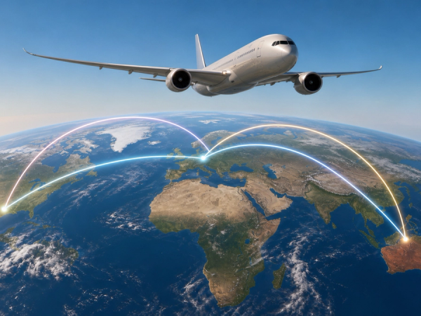 An unbranded long-range passenger aircraft above a globe crossed by three ultra-long flight-route arcs