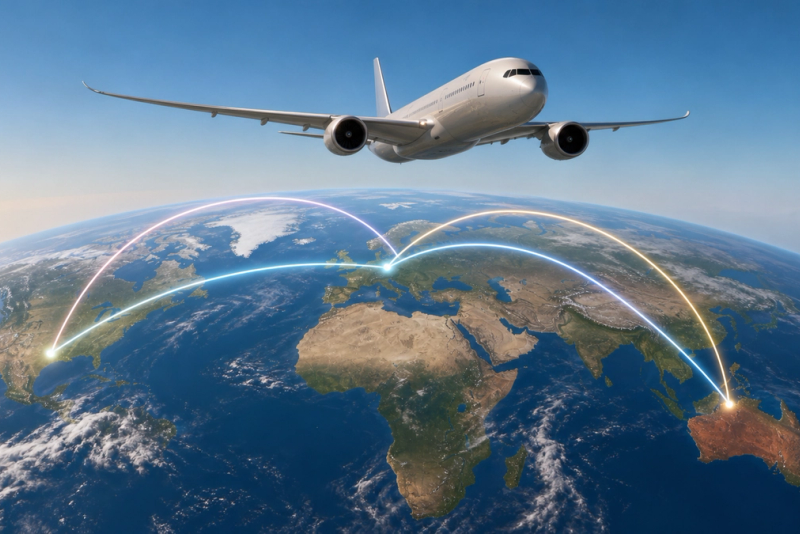 An unbranded long-range passenger aircraft above a globe crossed by three ultra-long flight-route arcs
