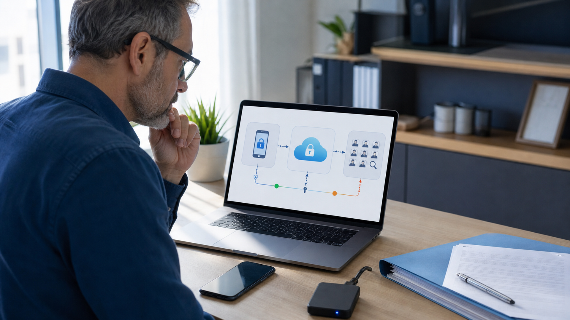 An iPhone and Mac beside a cloud privacy control panel and a court document