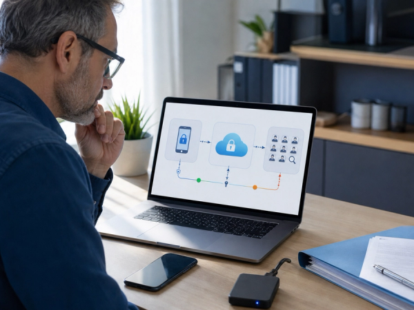 An iPhone and Mac beside a cloud privacy control panel and a court document