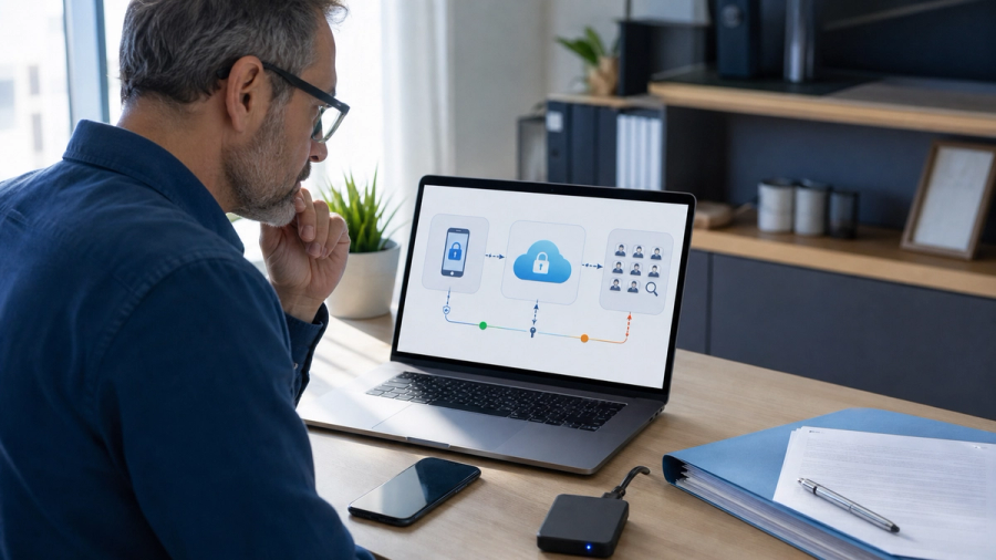 An iPhone and Mac beside a cloud privacy control panel and a court document