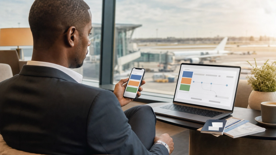 An executive traveller reviewing a rerouted itinerary with passport details selectively masked across airline, hotel and concierge channels