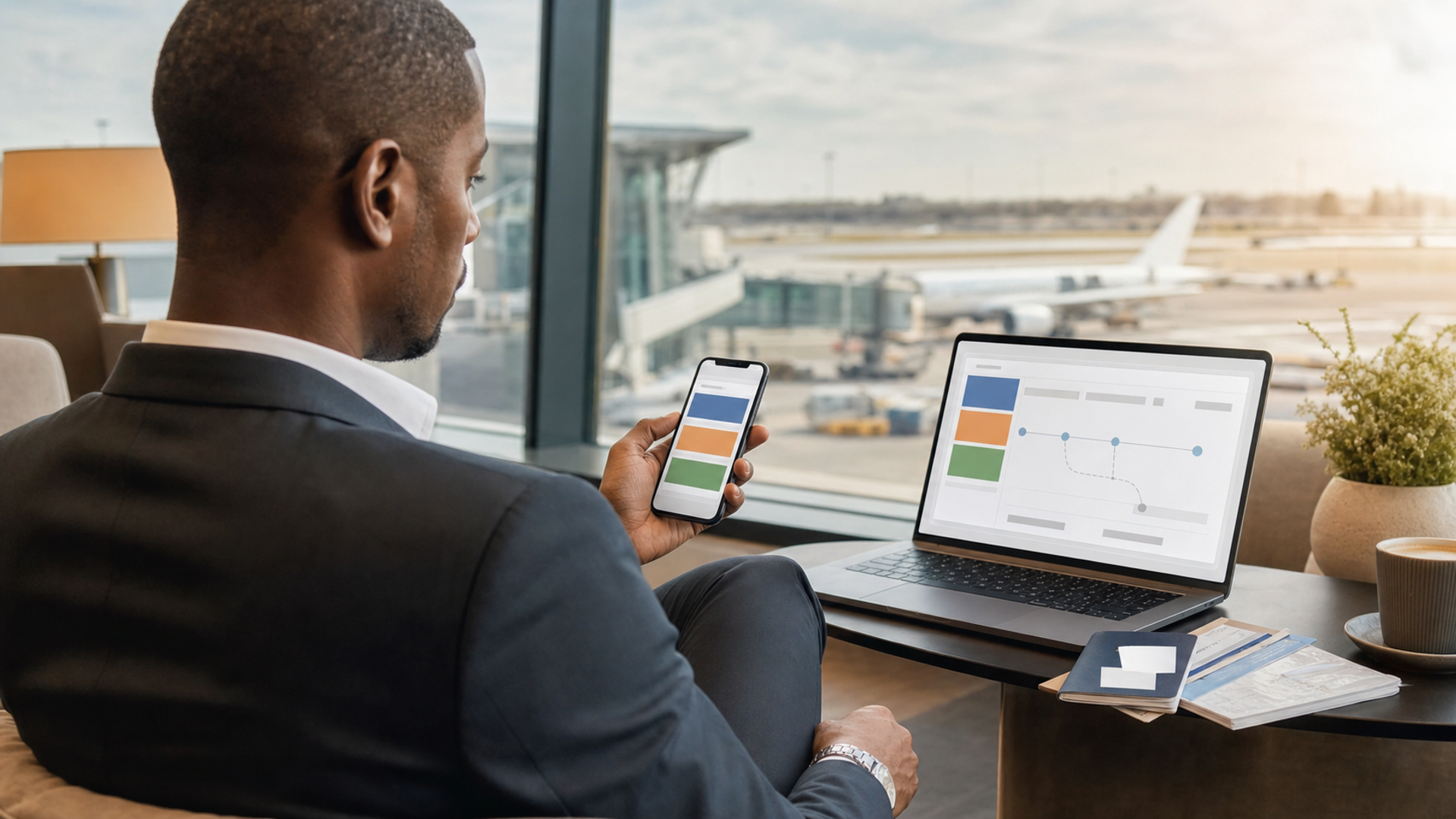 An executive traveller reviewing a rerouted itinerary with passport details selectively masked across airline, hotel and concierge channels