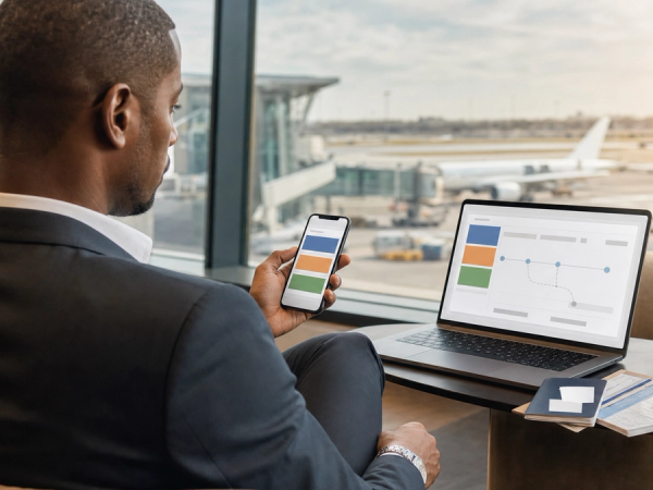 An executive traveller reviewing a rerouted itinerary with passport details selectively masked across airline, hotel and concierge channels
