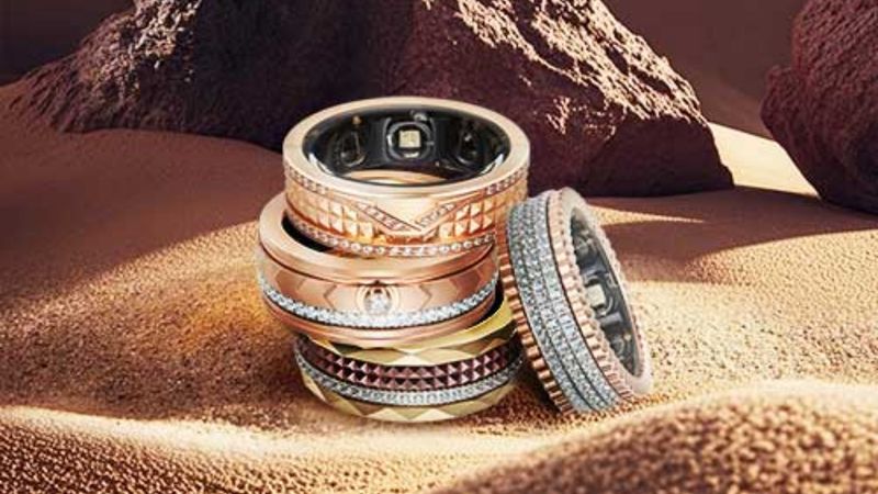 Close-up of a meticulously crafted smart ring, highlighting its polished finish and sensor array.