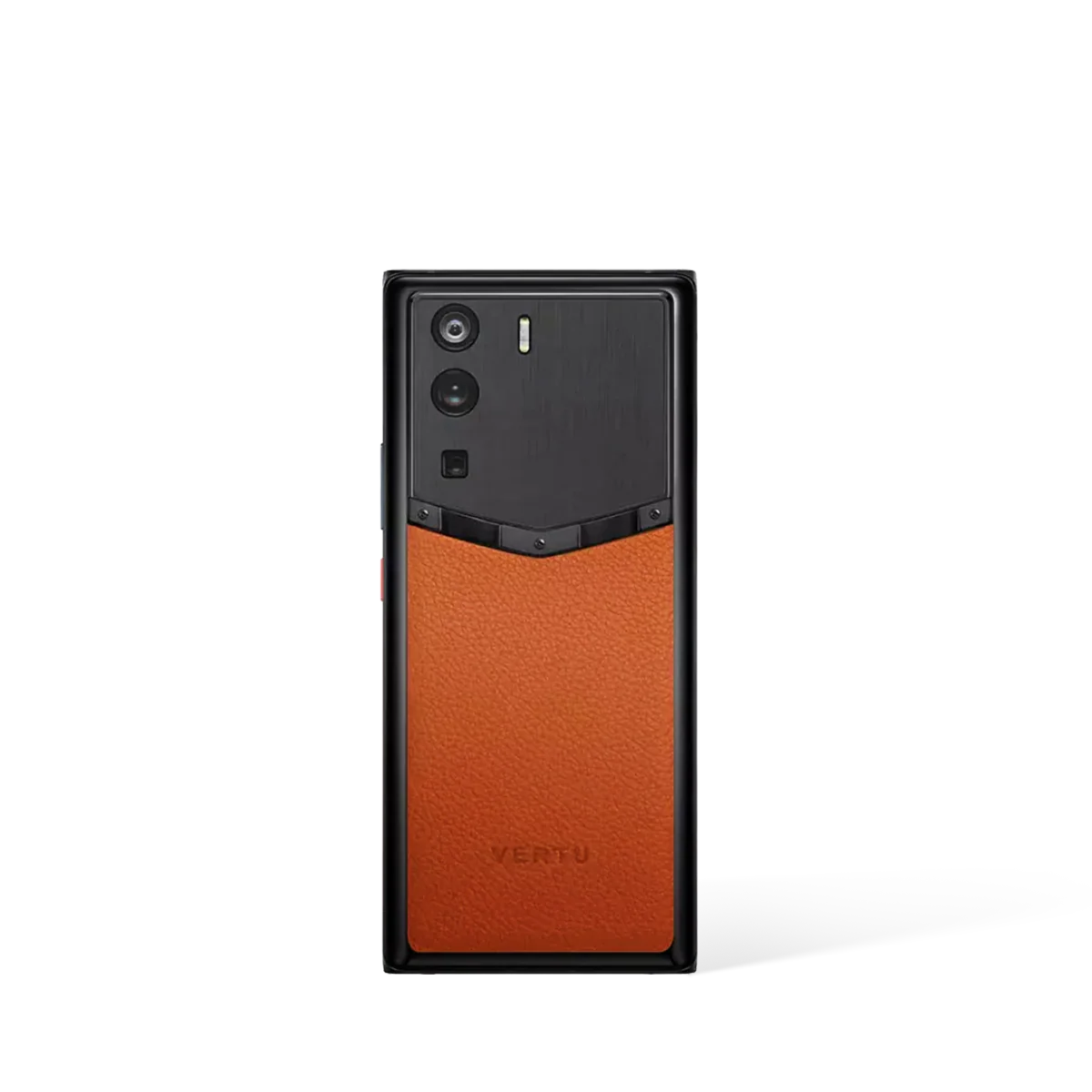 Close-up detail of the textured black leather and polished metal on a luxury device.