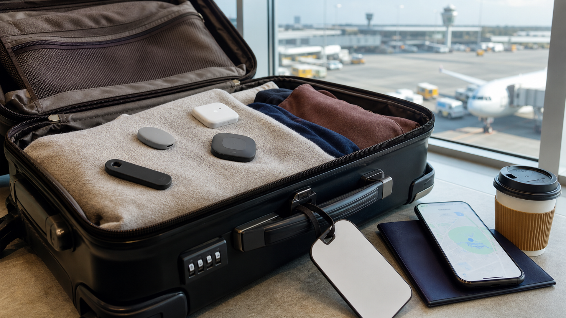 Open suitcase with several luggage tracker form factors, baggage tag and phone map