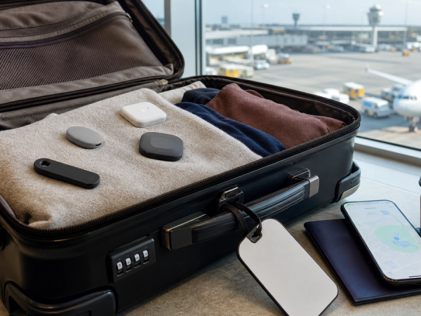 Open suitcase with several luggage tracker form factors, baggage tag and phone map
