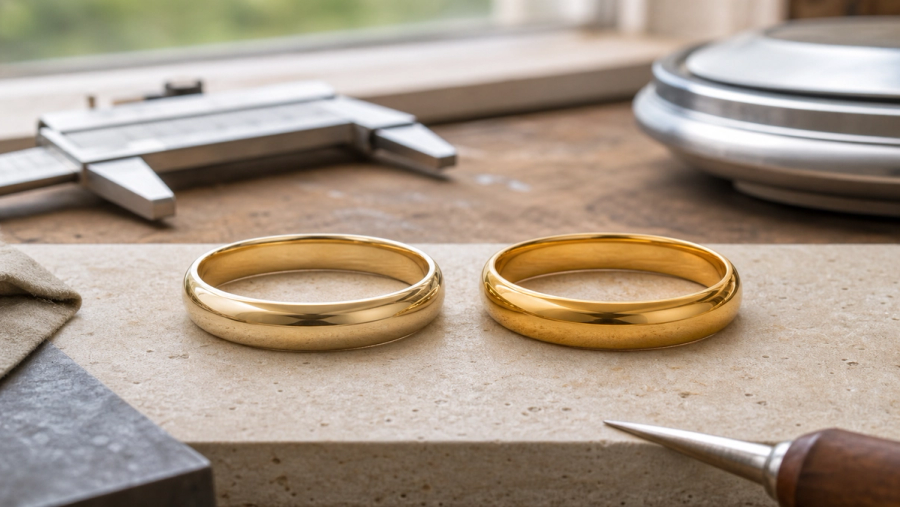 Two yellow-gold rings showing the colour difference between 14K and 18K gold