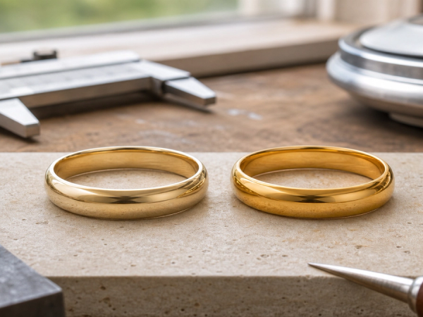 Two yellow-gold rings showing the colour difference between 14K and 18K gold