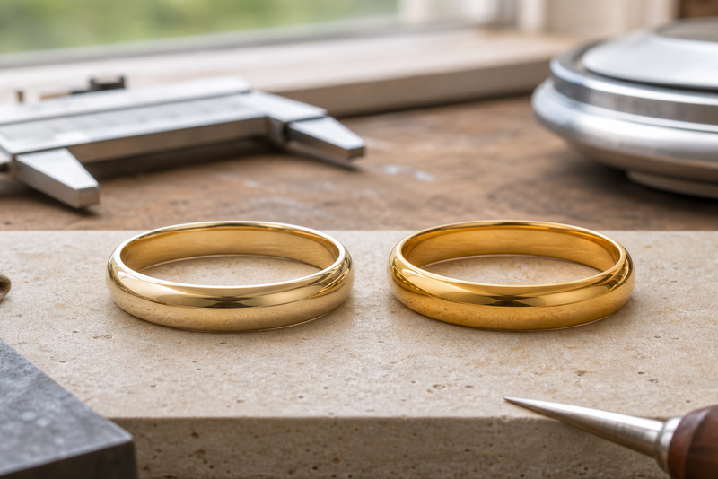 Two yellow-gold rings showing the colour difference between 14K and 18K gold