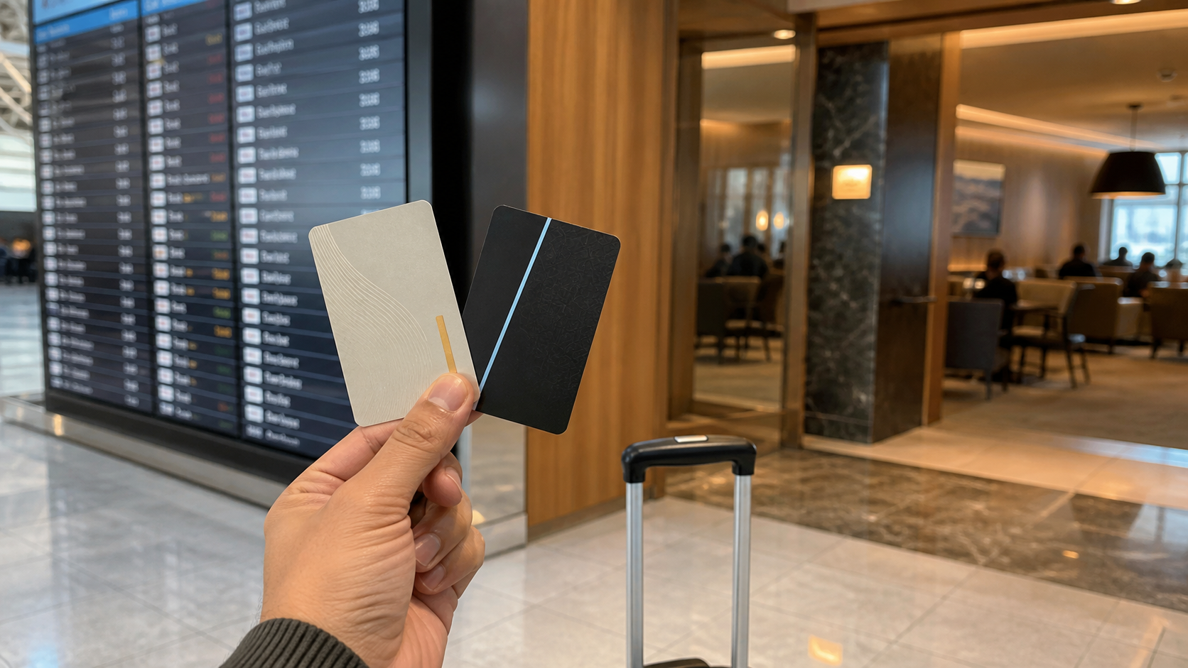 Feed-readable airport lounge decision scene with a traveller's hand holding two unbranded digital access cards beside a departures board and a visible lounge entrance
