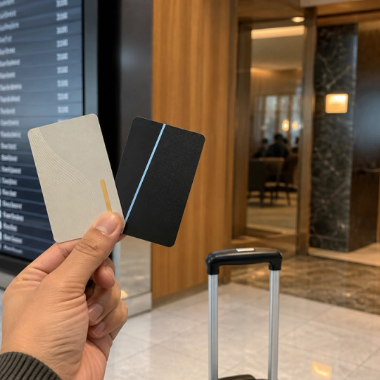Eine für den Feed geeignete Flughafen-Lounge-Entscheidungsszene: die Hand eines Reisenden hält zwei unmarkierte digitale Zugangskarten neben eine Abflugtafel und einen gut sichtbaren Lounge-Eingang.