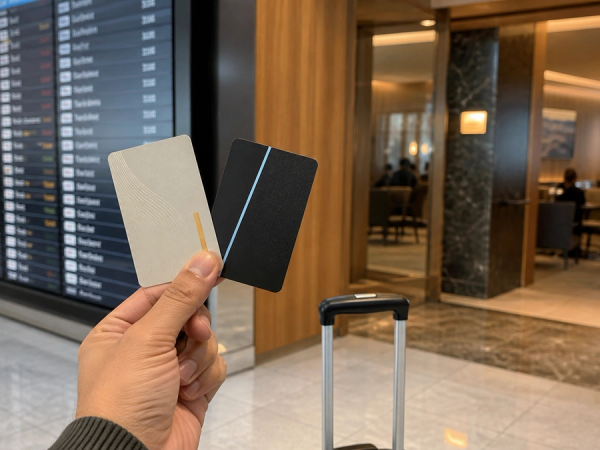 Feed-readable airport lounge decision scene with a traveller's hand holding two unbranded digital access cards beside a departures board and a visible lounge entrance