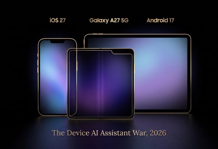 Device AI Assistant War 2026 — iOS 27, Galaxy A27 5G, Android 17 as three gold device silhouettes on pure black with blue-purple inner glow