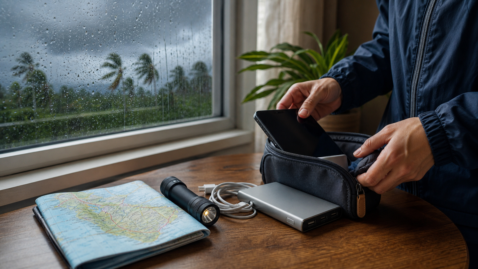 A weather-ready unbranded smartphone, charged power bank, torch and printed evacuation map on a kitchen table near shuttered windows, realistic storm preparation, no logos or text