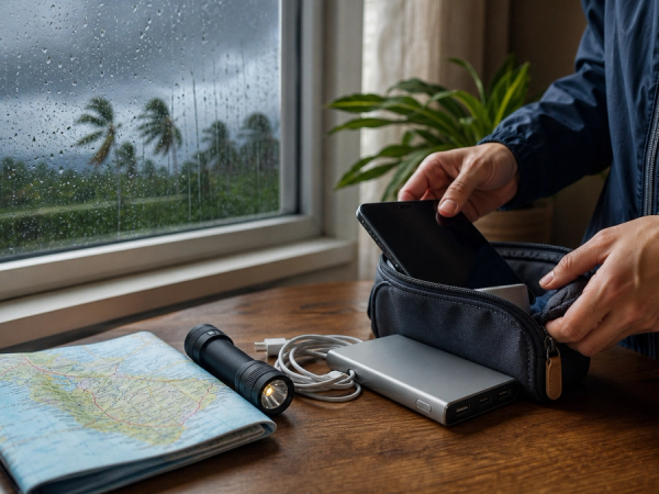 A weather-ready unbranded smartphone, charged power bank, torch and printed evacuation map on a kitchen table near shuttered windows, realistic storm preparation, no logos or text