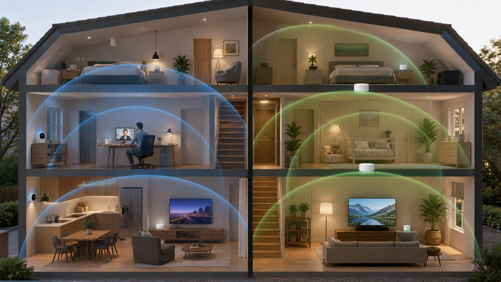 Home floor plan comparing dual-band and tri-band Wi-Fi coverage and backhaul