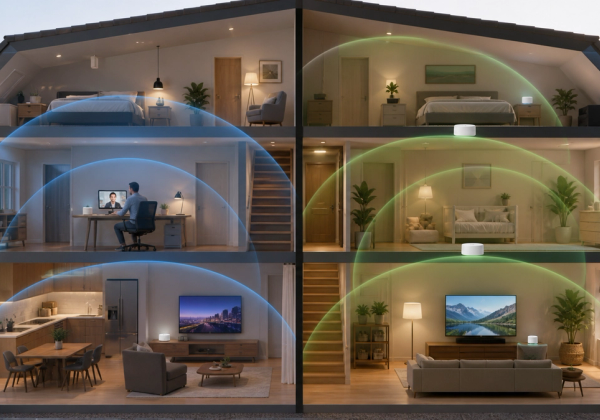 Home floor plan comparing dual-band and tri-band Wi-Fi coverage and backhaul