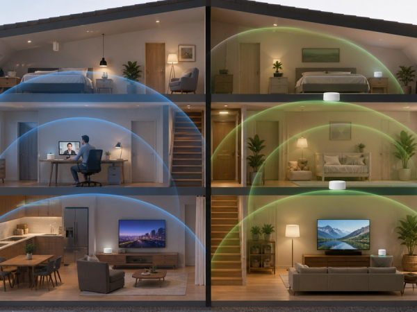 Home floor plan comparing dual-band and tri-band Wi-Fi coverage and backhaul
