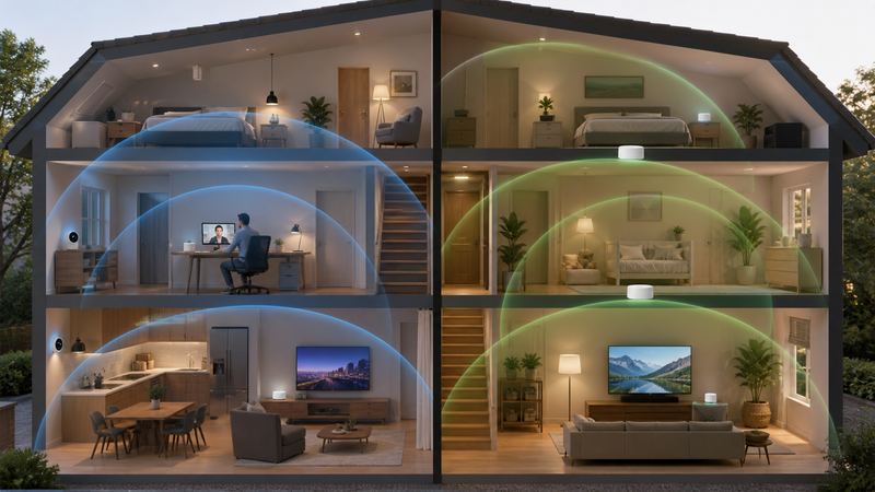 Home floor plan comparing dual-band and tri-band Wi-Fi coverage and backhaul