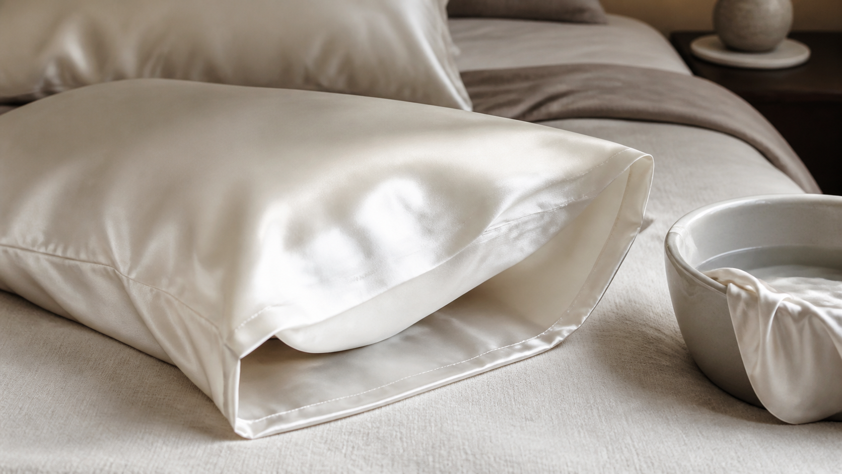 Silk pillowcase displayed to show weave, seams and concealed closure