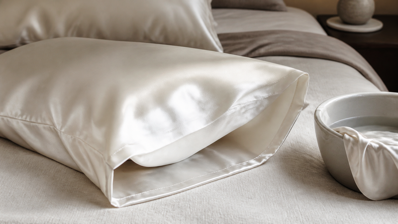 Silk pillowcase displayed to show weave, seams and concealed closure