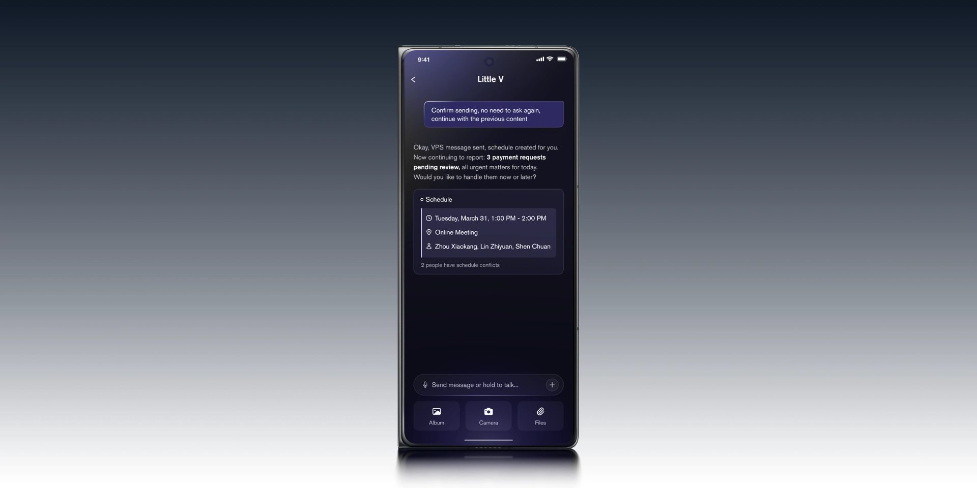 A sleek, modern foldable phone displayed on a minimalist surface, representing executive technology.