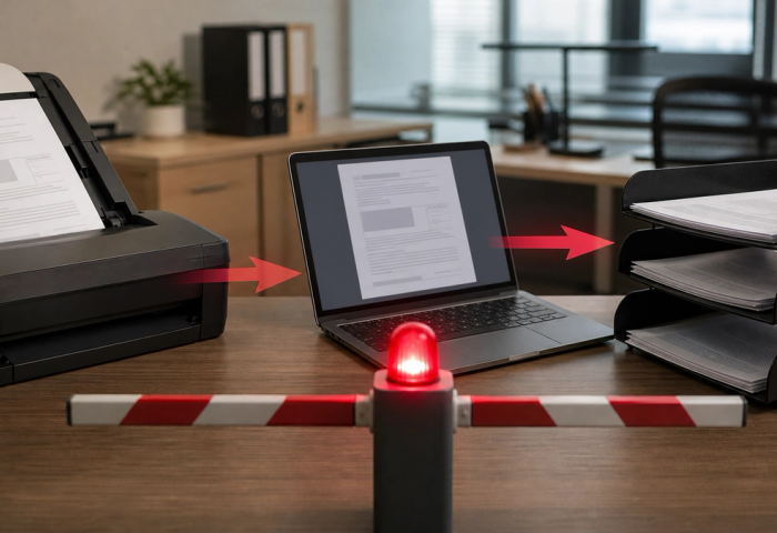 Office document stopped at an AI agent security checkpoint before reaching shared files