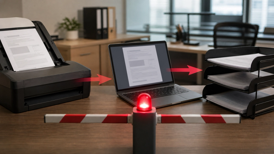 Office document stopped at an AI agent security checkpoint before reaching shared files