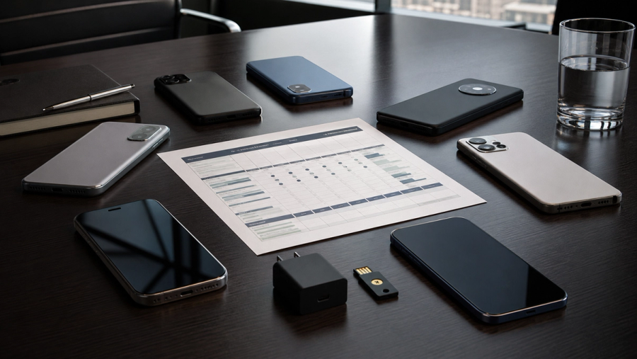 Seven business smartphones arranged around a security and productivity scorecard