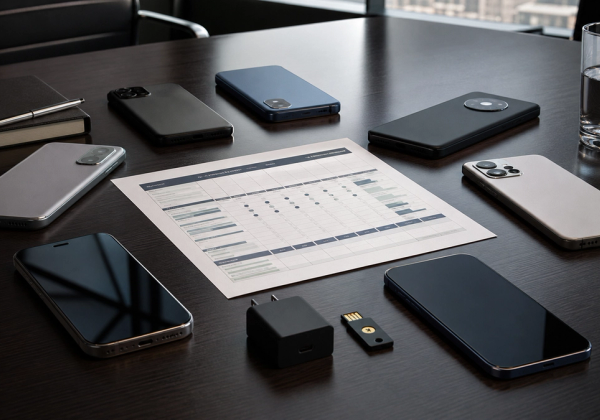 Seven business smartphones arranged around a security and productivity scorecard