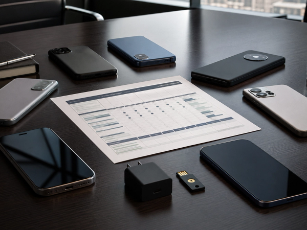 Seven business smartphones arranged around a security and productivity scorecard