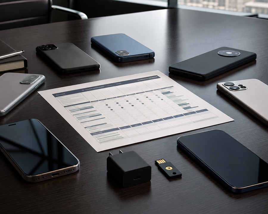 Seven business smartphones arranged around a security and productivity scorecard