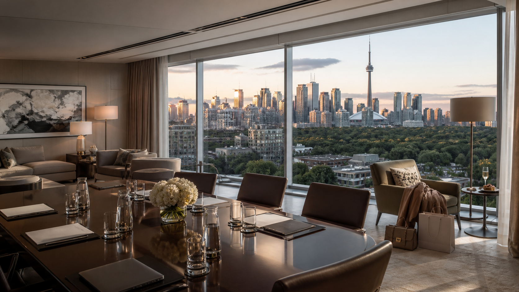 Toronto luxury hotel suite arranged for an executive meeting with the city skyline beyond