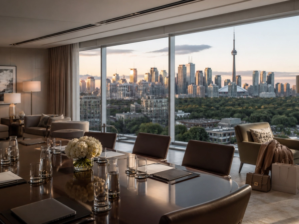 Toronto luxury hotel suite arranged for an executive meeting with the city skyline beyond
