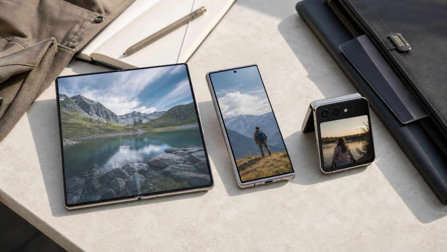 Three distinct unbranded foldable phone silhouettes showing a large book fold, a compact book fold and a pocket flip on a clean comparison table