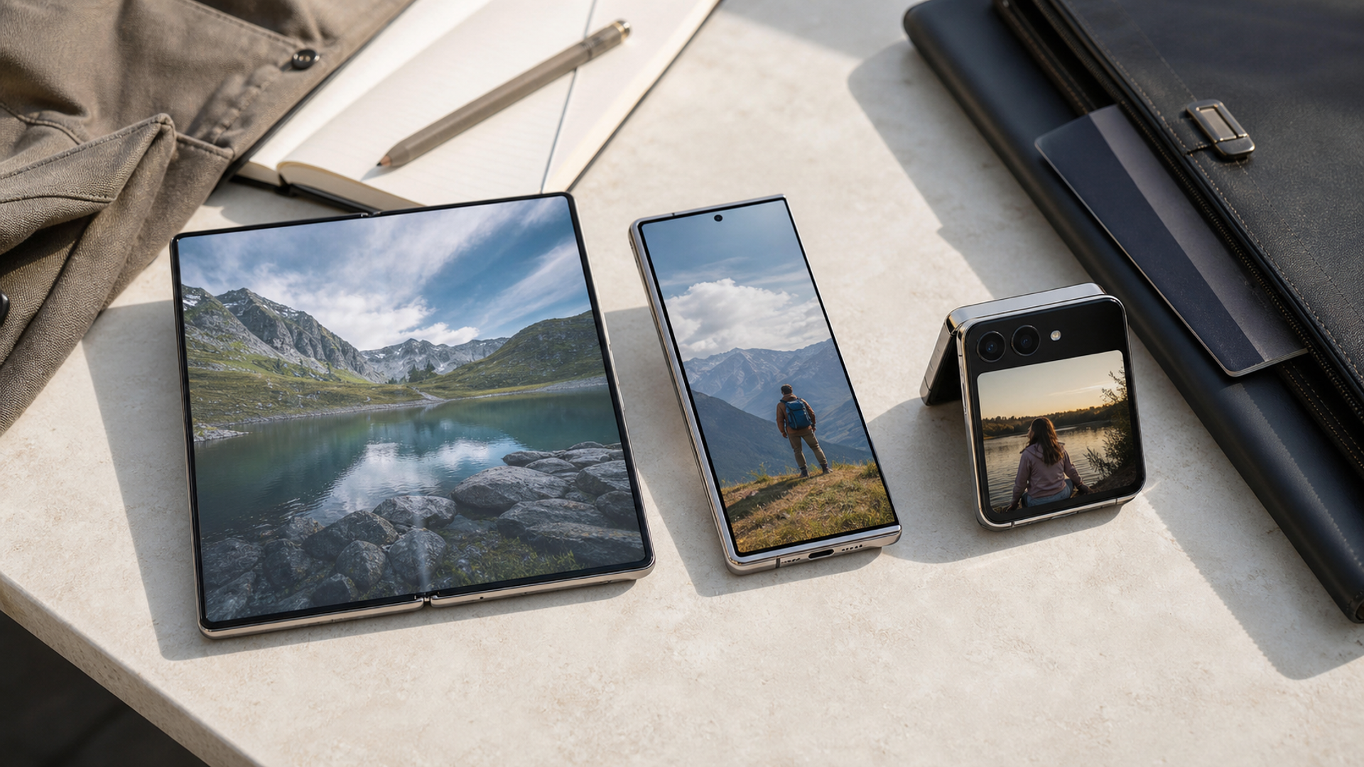 Three distinct unbranded foldable phone silhouettes showing a large book fold, a compact book fold and a pocket flip on a clean comparison table