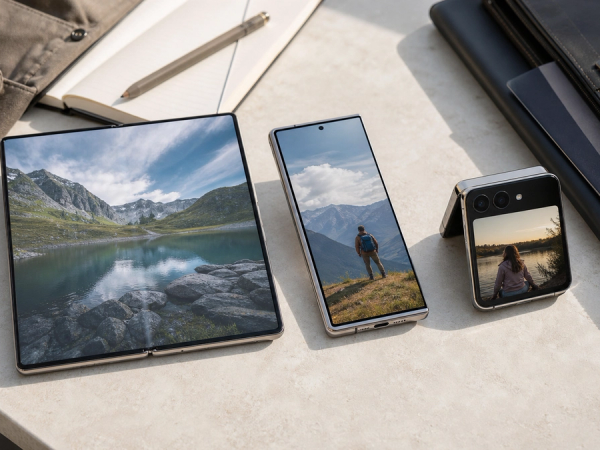 Three distinct unbranded foldable phone silhouettes showing a large book fold, a compact book fold and a pocket flip on a clean comparison table