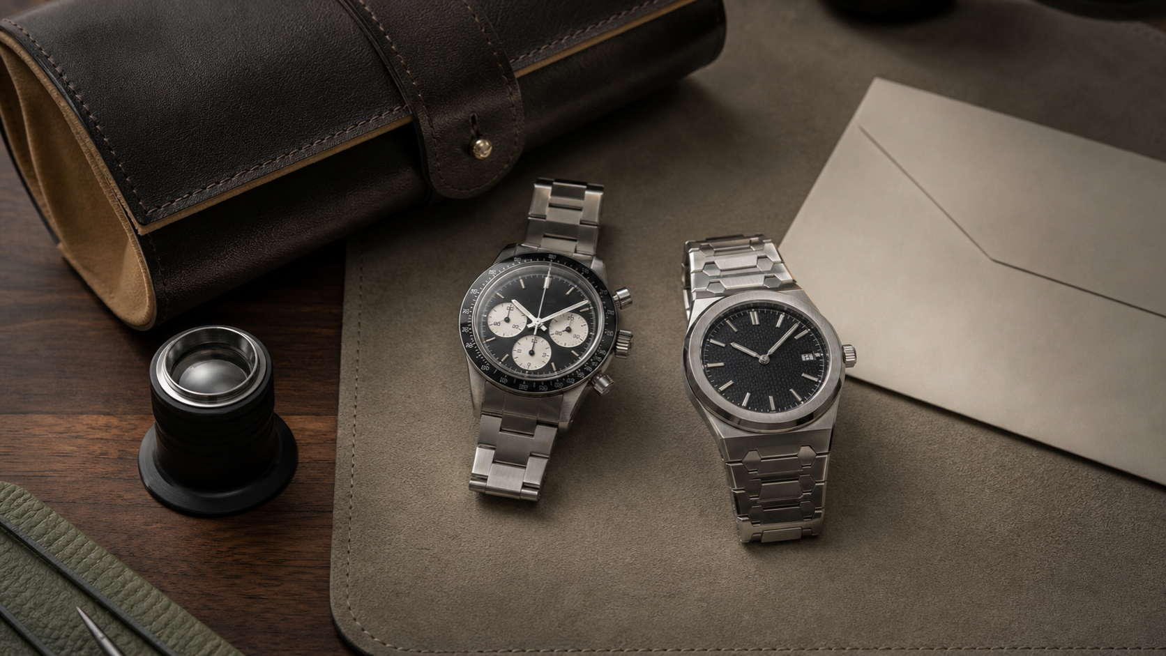 Technical chronograph-style watch and classic sports watch compared on a collector desk